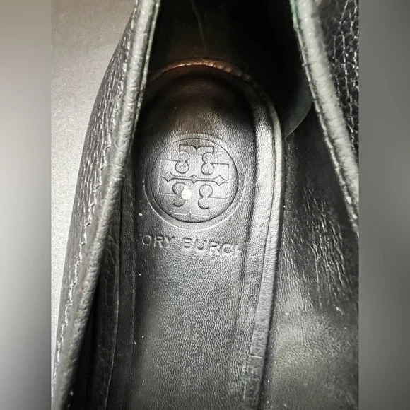 Tory Burch Blue Leather Peep Toe Wood Wedge Sandal Gold Square Emblem 9 M